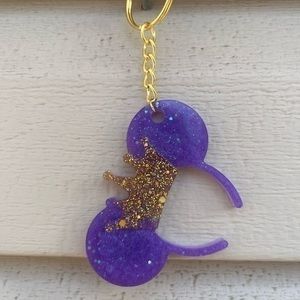 Handmade Purple & Gold Glitter Resin Minnie Mouse Headband Keychain, Gold Crown
